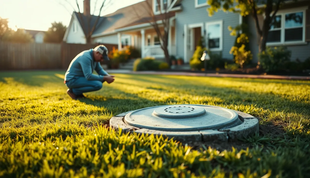 Homeowner inspecting an aging septic tank lid in a residential backyard