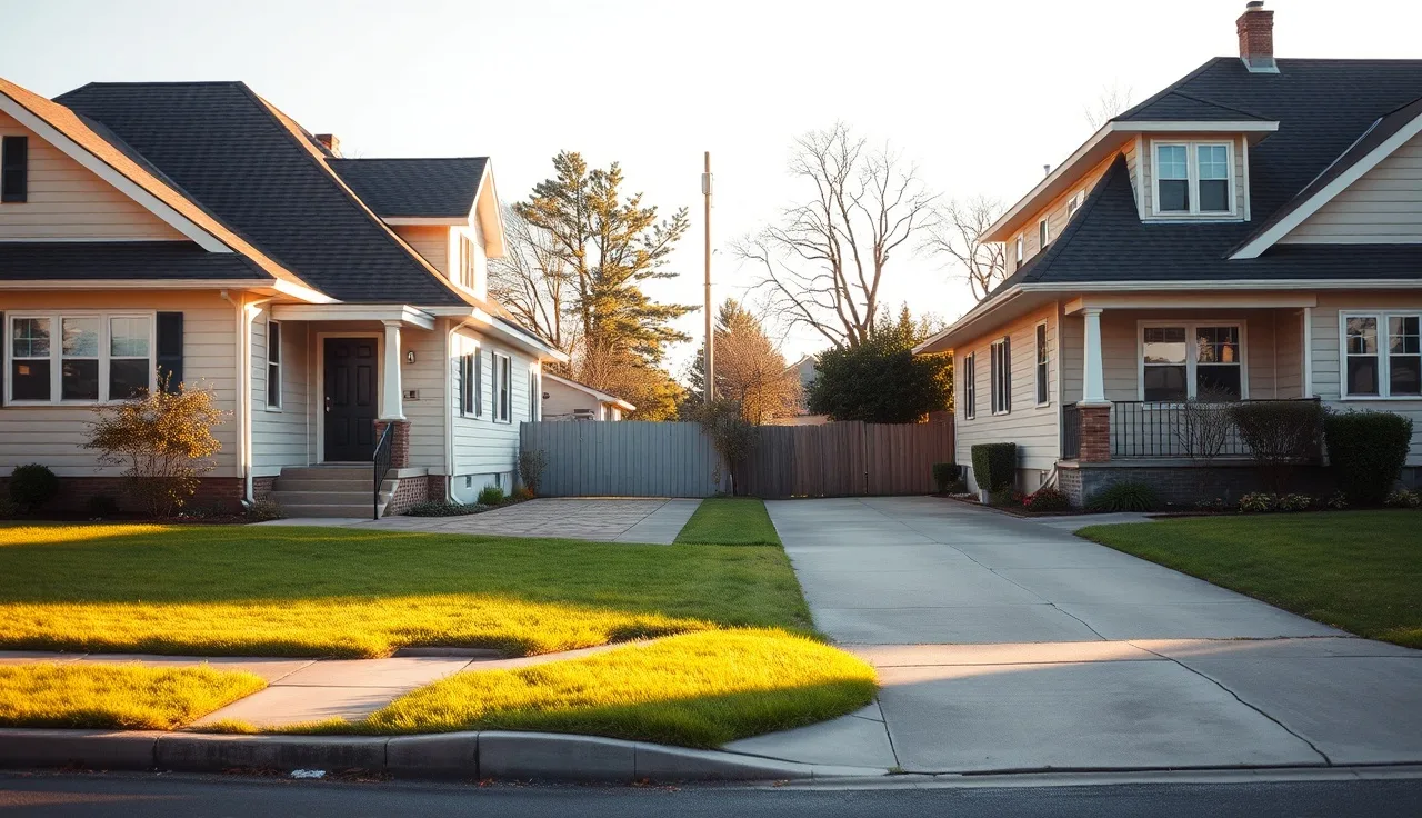 Two neighboring houses sharing a single concrete driveway between them on a suburban street