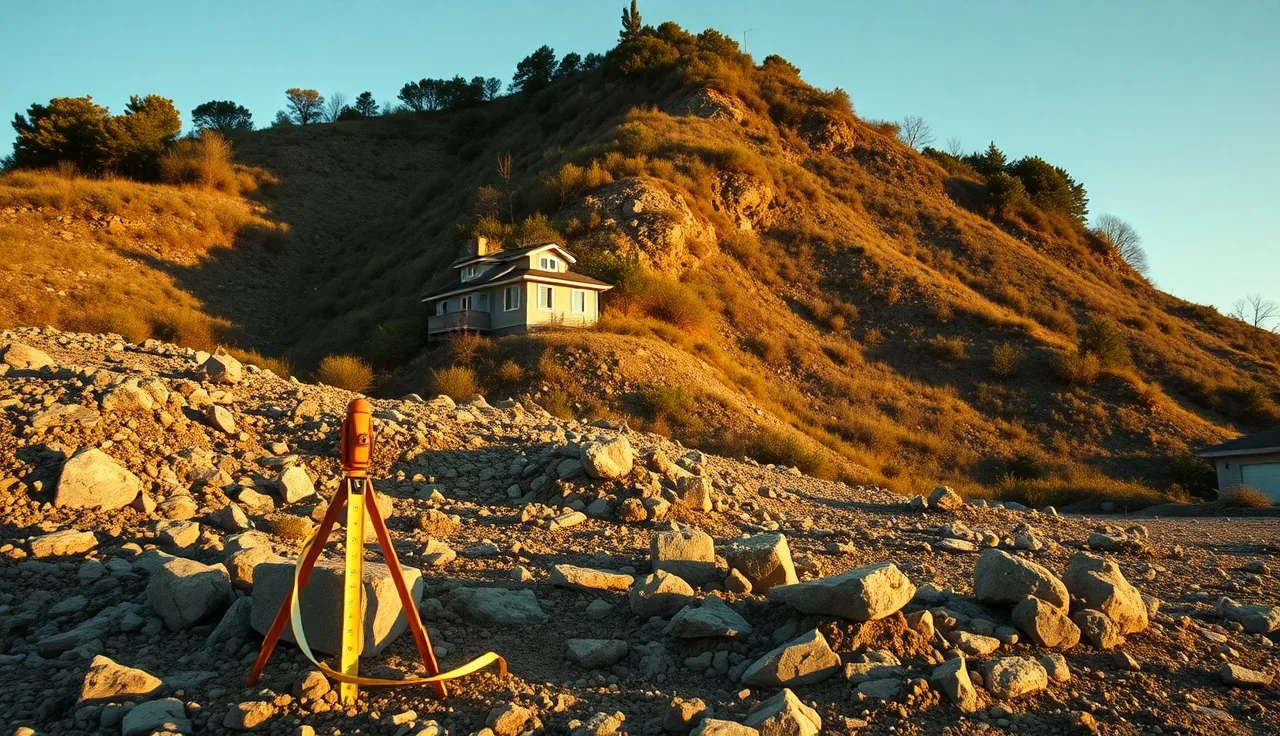 Steep rocky residential lot with surveyor stake and measuring tape in foreground