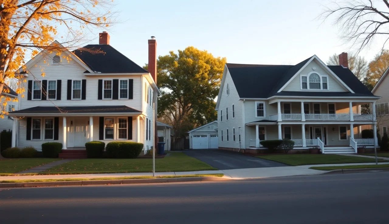 Colonial two-story home beside a single-story ranch house on a suburban street