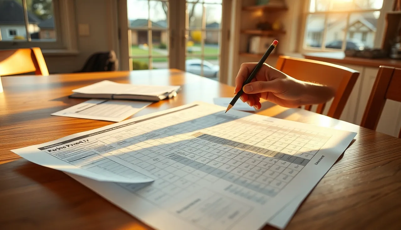 Homeowner reviewing property assessment spreadsheets and neighborhood map at kitchen table