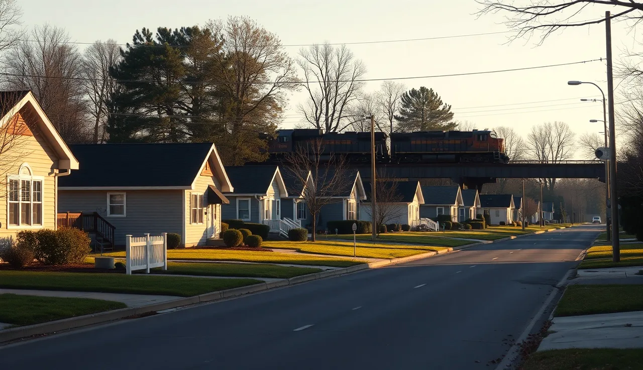 Freight train passing behind suburban homes affected by rail noise near tracks
