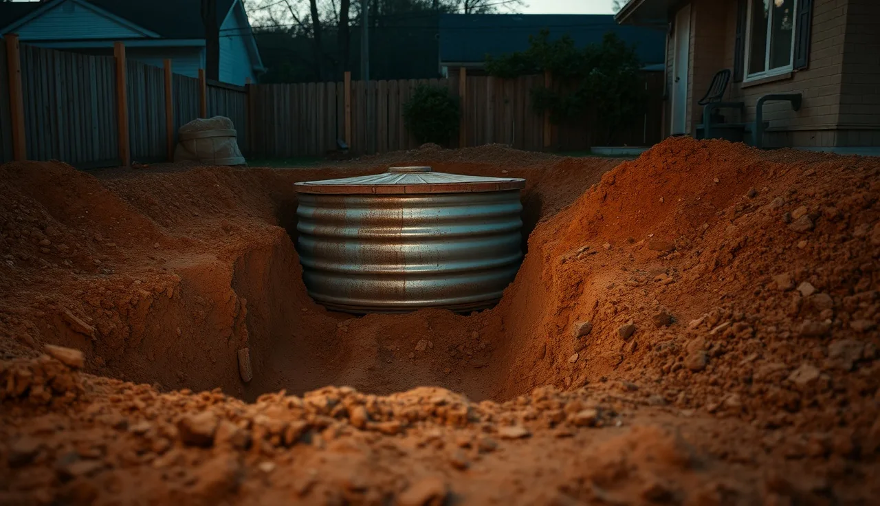 Excavated underground storage tank partially exposed in residential backyard soil trench