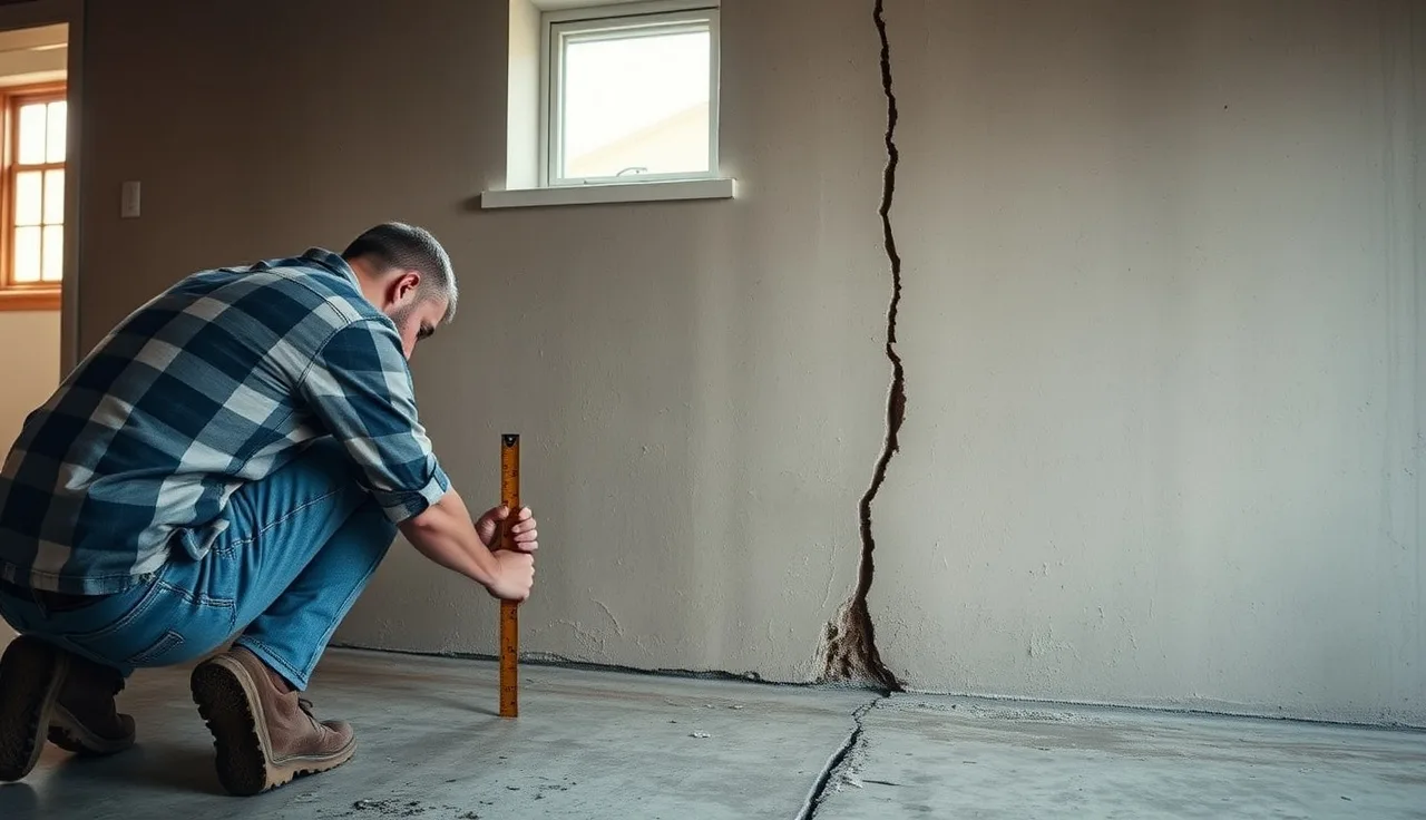 Homeowner measuring a foundation crack with a ruler for property tax appeal documentation