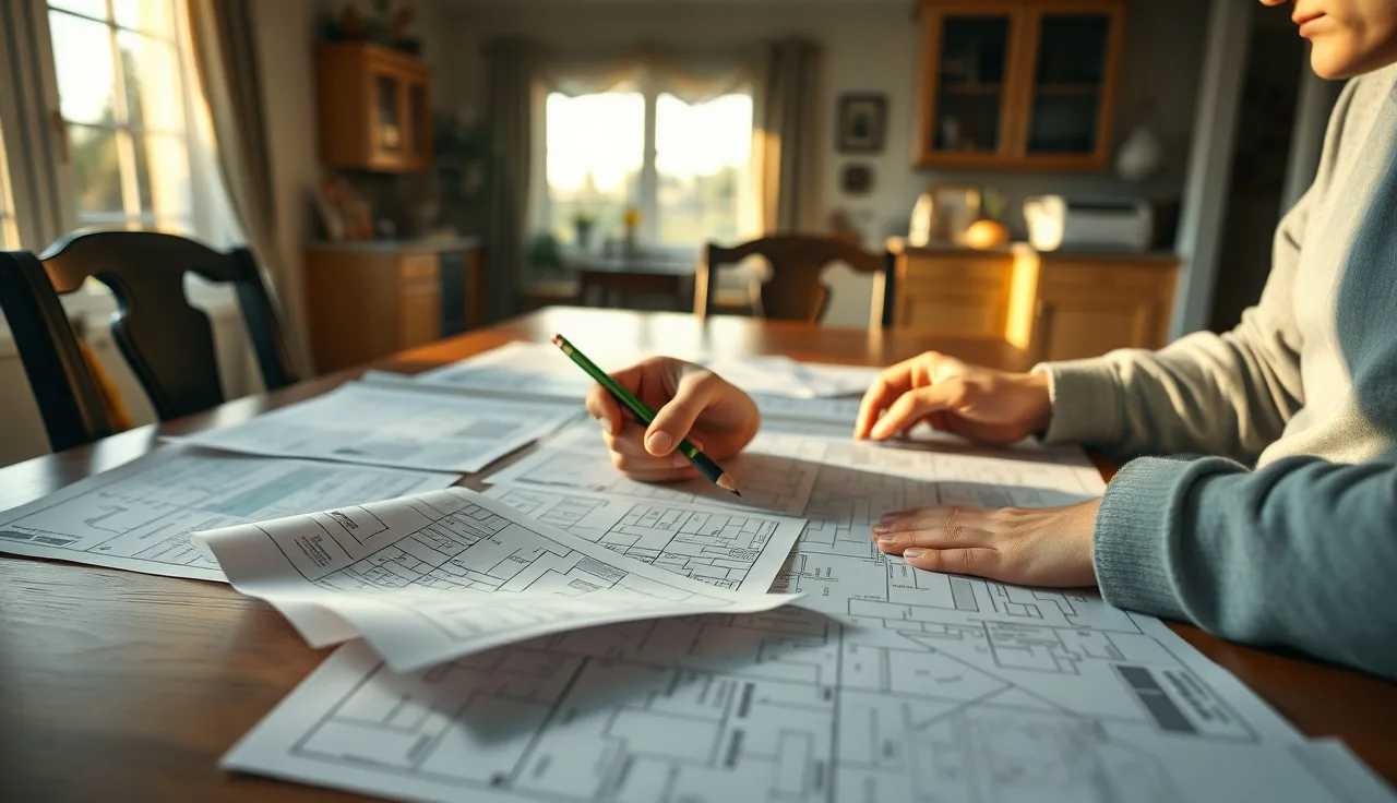 Homeowner reviewing printed property tax records and a comp grid at a kitchen table