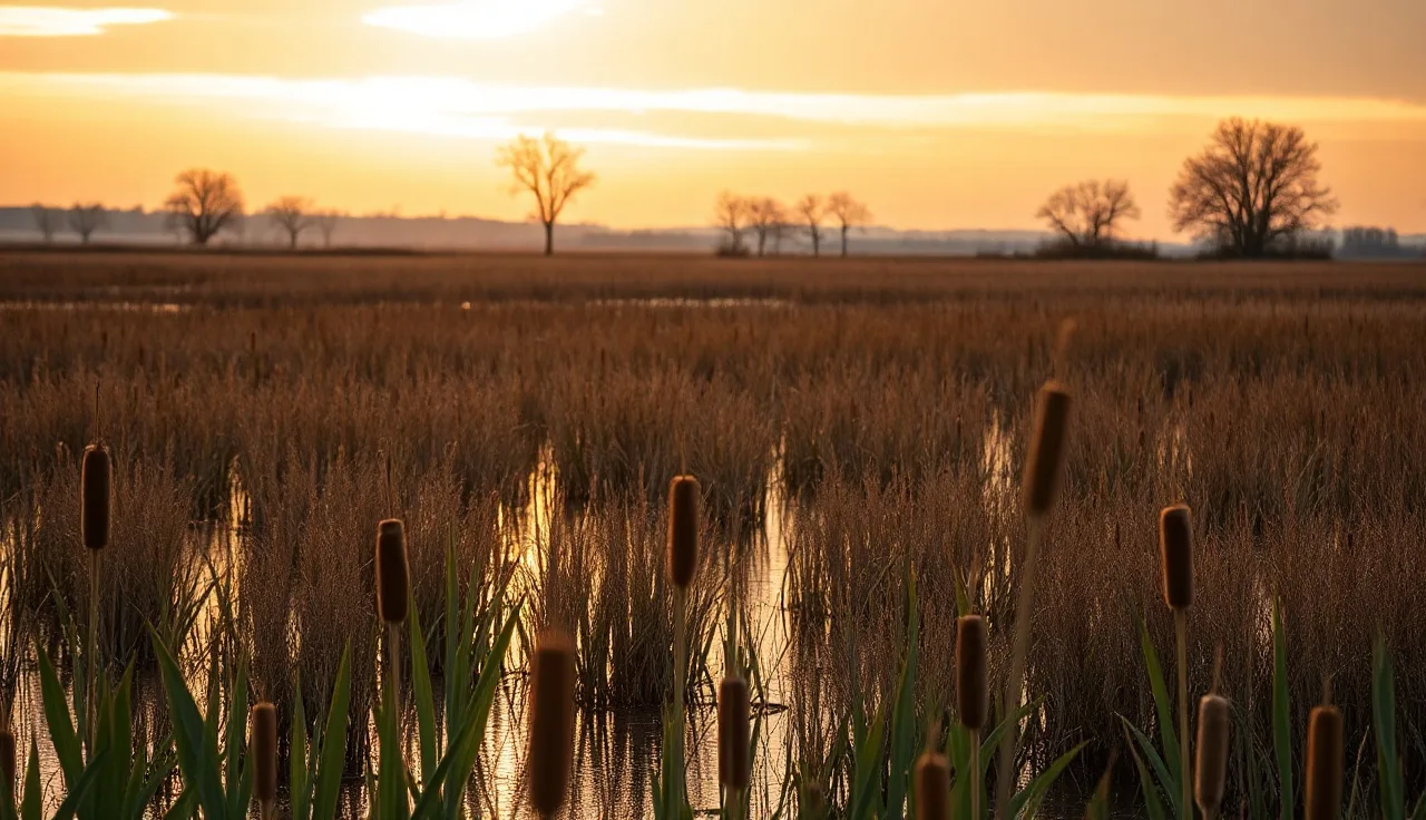 Wetland marsh with cattails and still water on private rural property