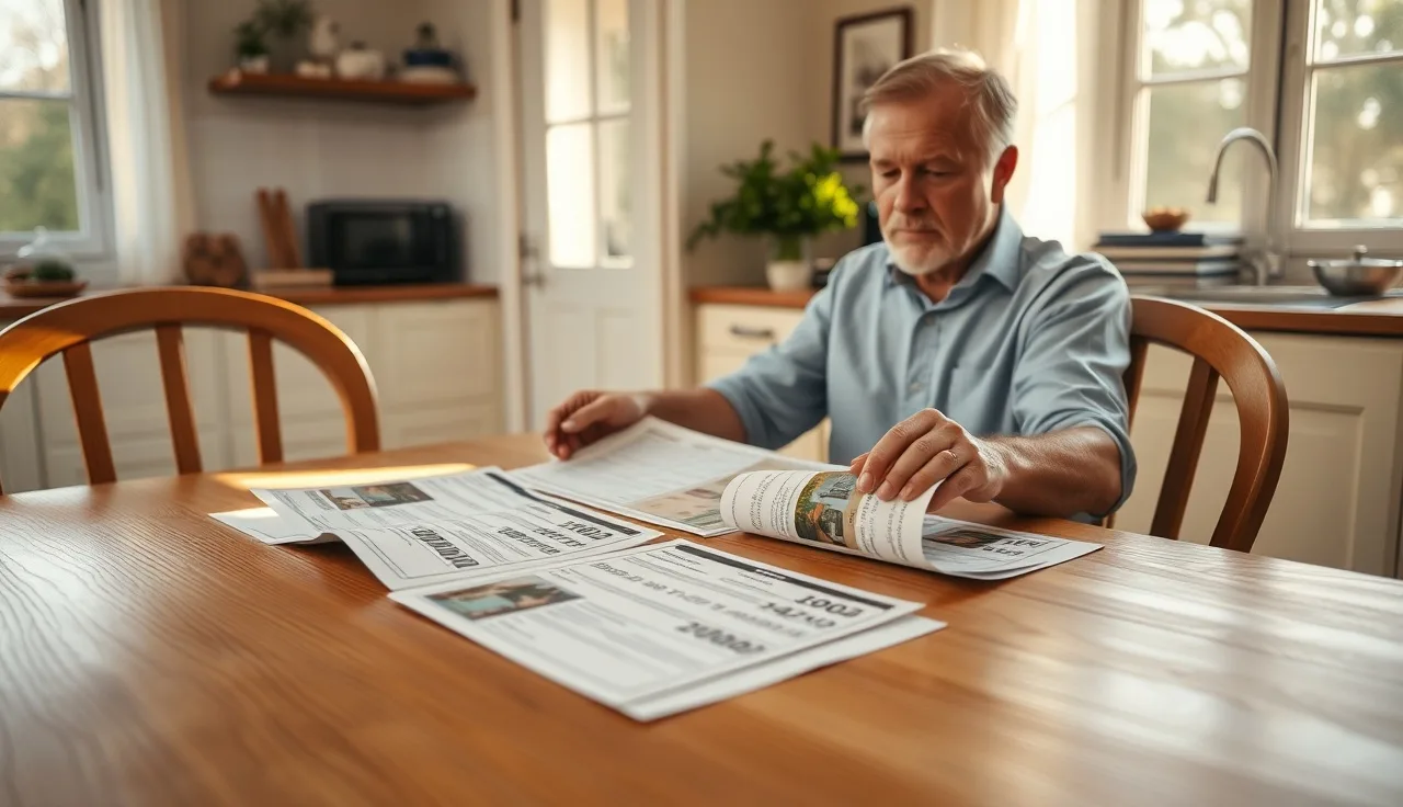 Homeowner organizing property tax appeal evidence documents on kitchen table