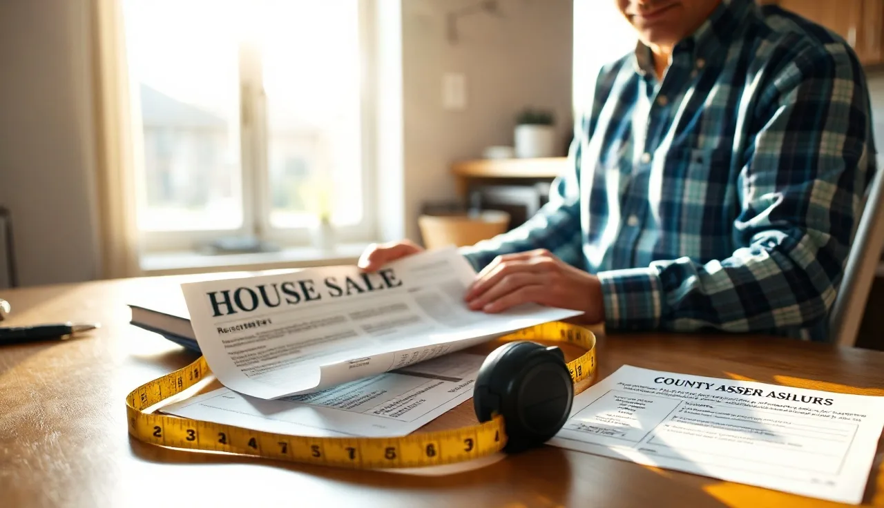 Homeowner reviewing property sale records and assessor notice at kitchen table