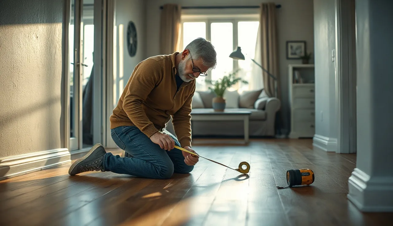 Homeowner measuring room dimensions on wood floor to check property record card data