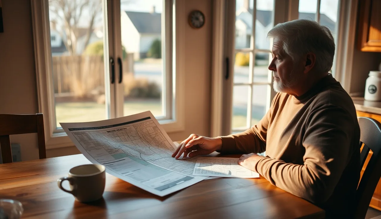 Homeowner reviewing property records and map at kitchen table for tax appeal