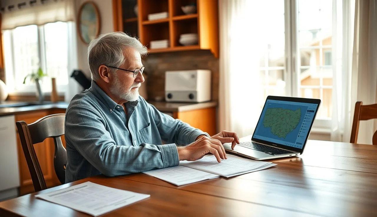 Homeowner reviewing property assessment ratio spreadsheets at kitchen table