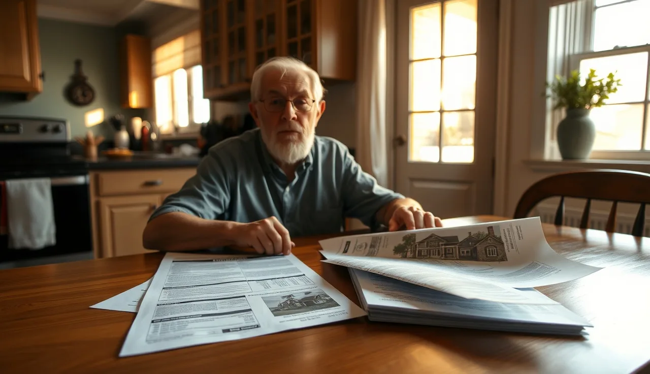 Homeowner comparing property assessment documents at kitchen table for uniformity appeal