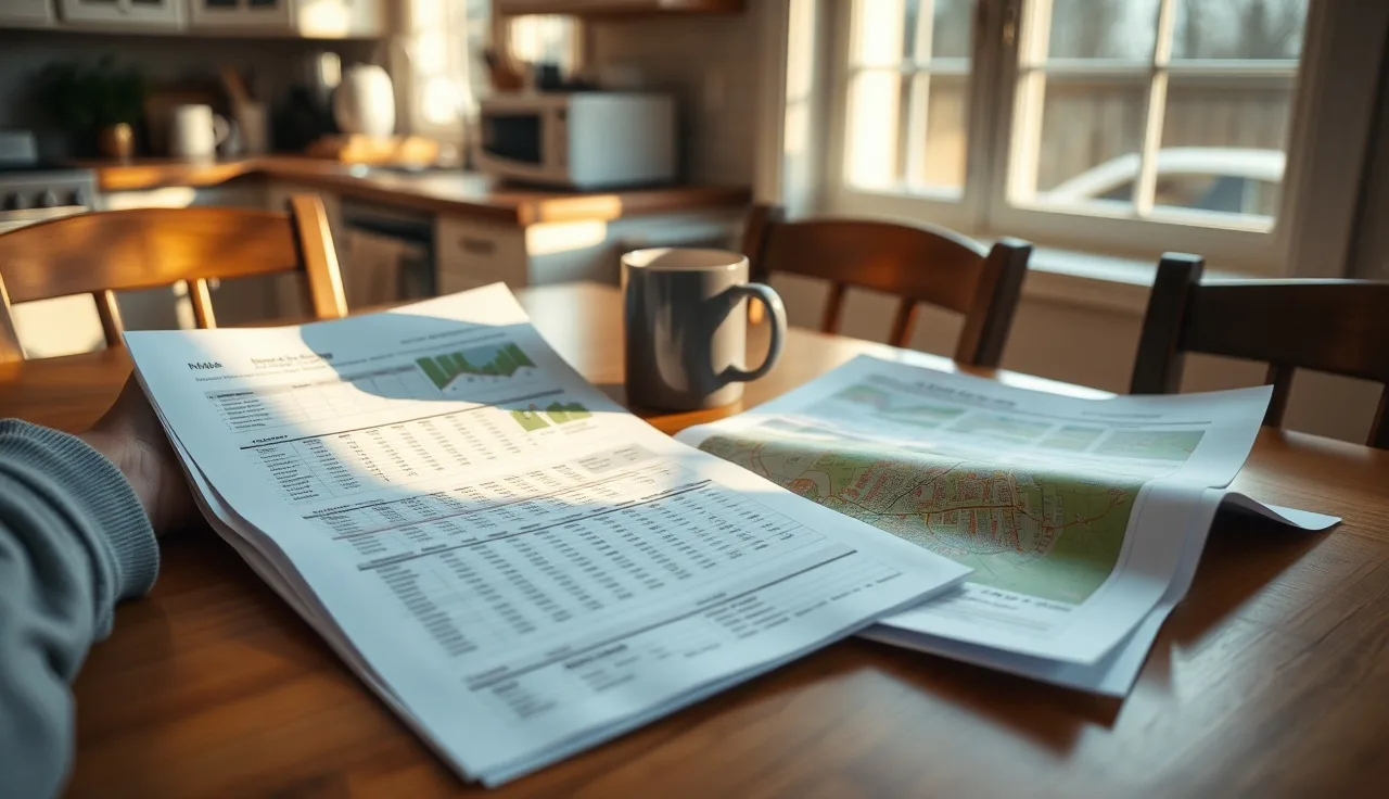 Homeowner reviewing property sales data spreadsheets at kitchen table for tax appeal