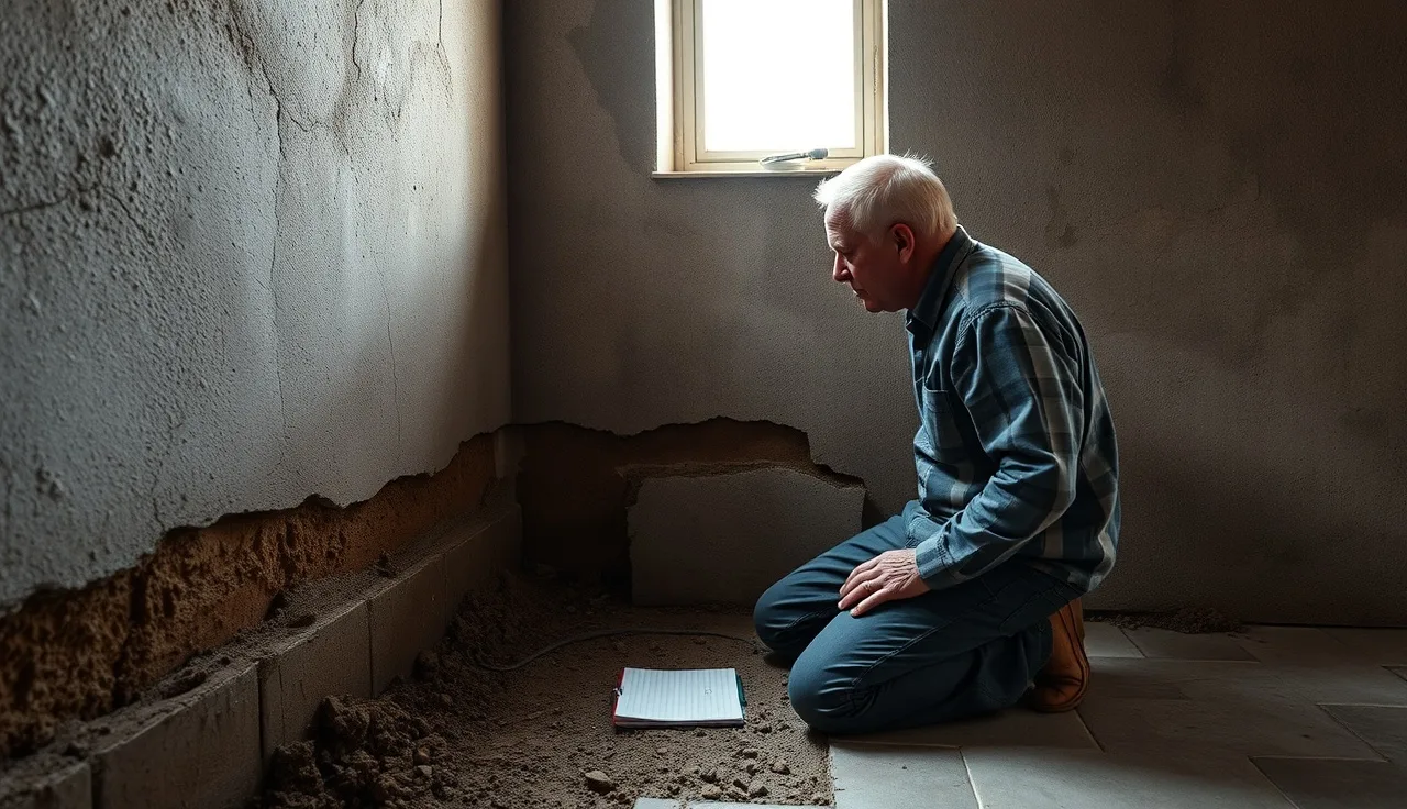 Homeowner examining cracked foundation wall during property condition assessment for tax appeal