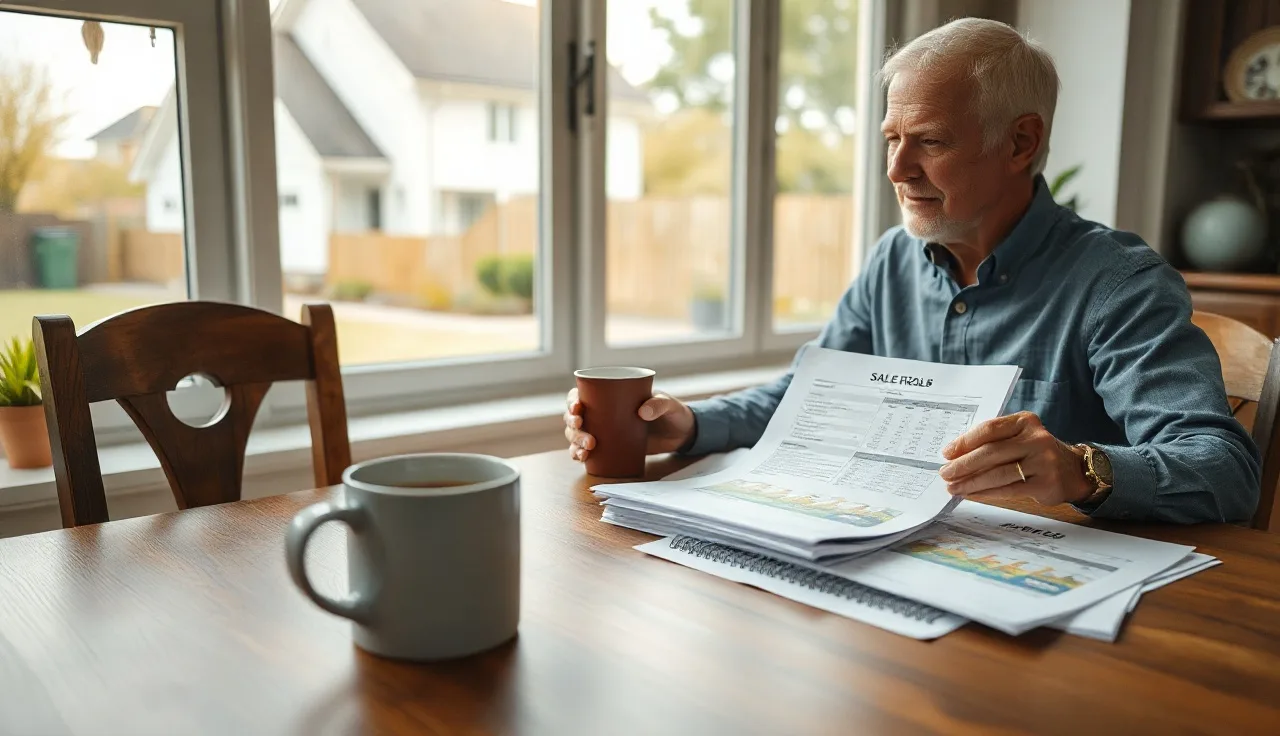 Homeowner reviewing comparable property sale records at kitchen table for tax appeal