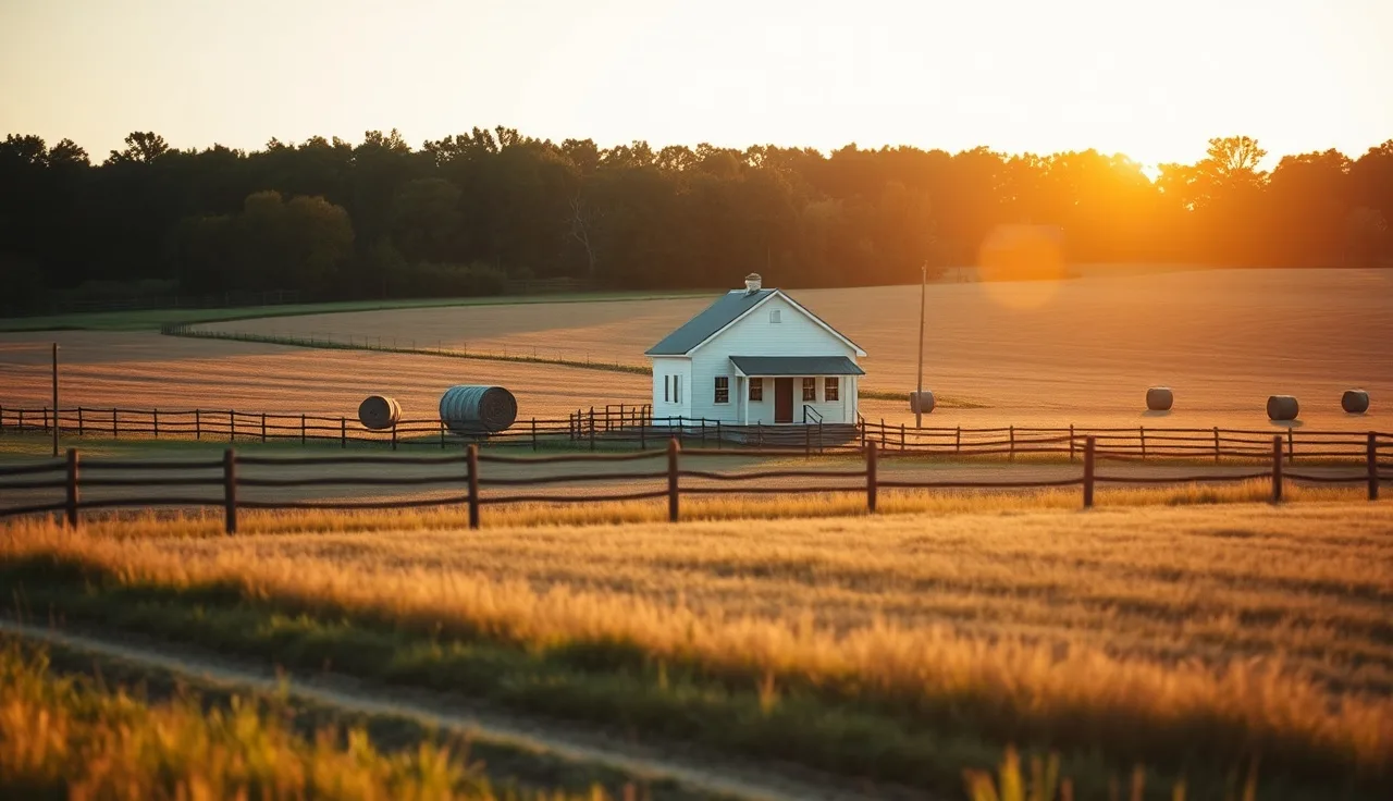 Farmhouse and hay bales on a small agricultural property at sunset