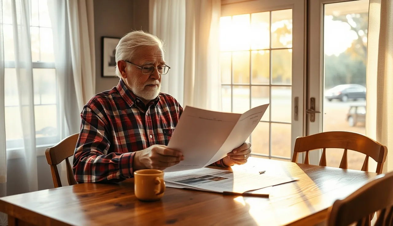 Older homeowner reviewing homestead exemption paperwork at a kitchen table in Alabama