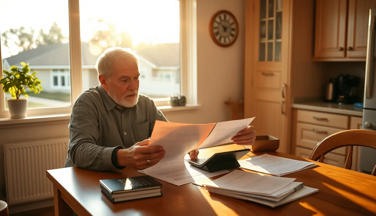 Homeowner reviewing property tax documents at kitchen table with calculator