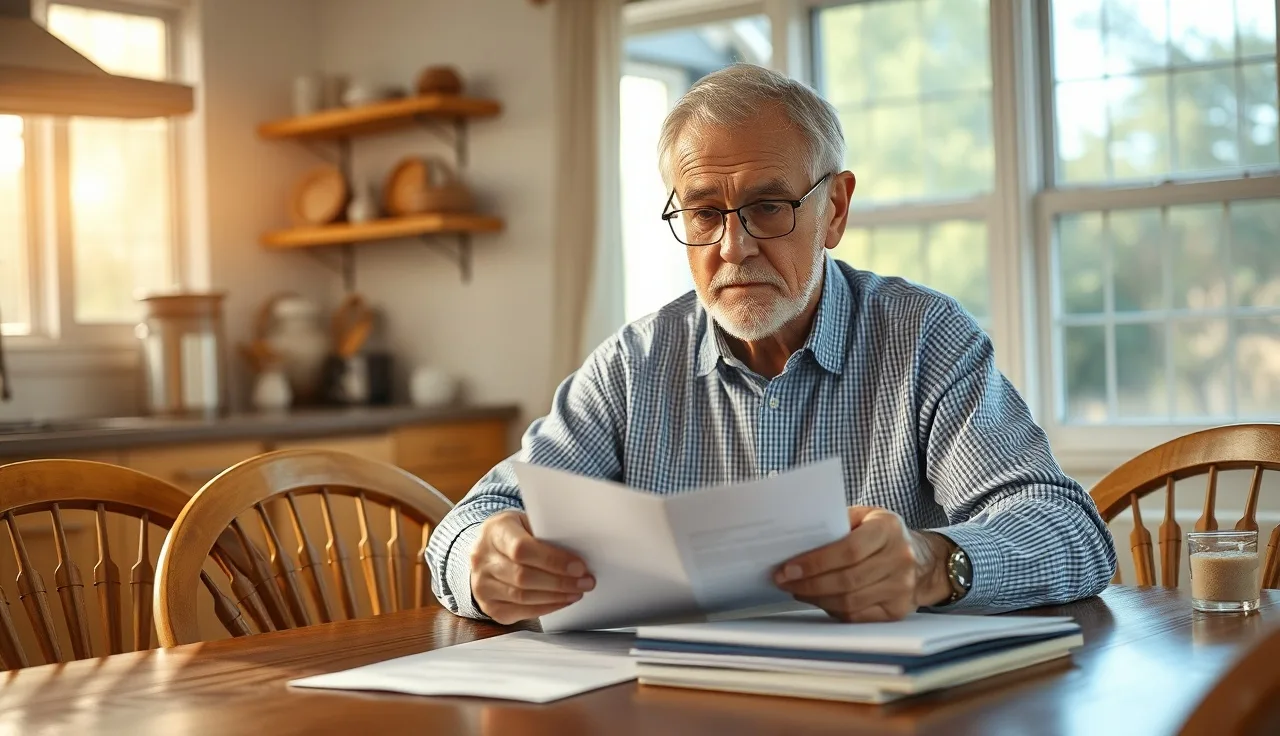 Elderly Texas homeowner reviewing property tax documents at a kitchen table