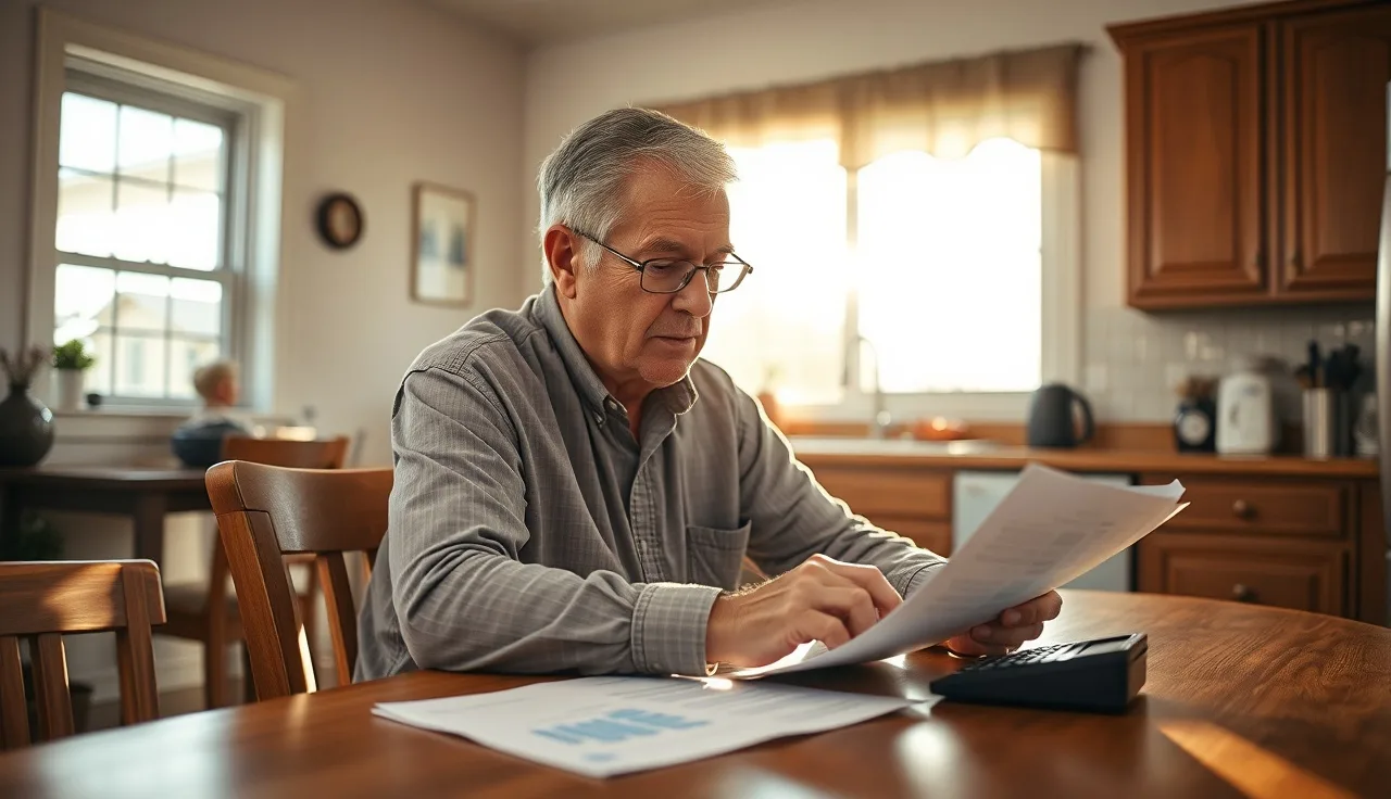Elderly man reviewing property tax documents at a kitchen table