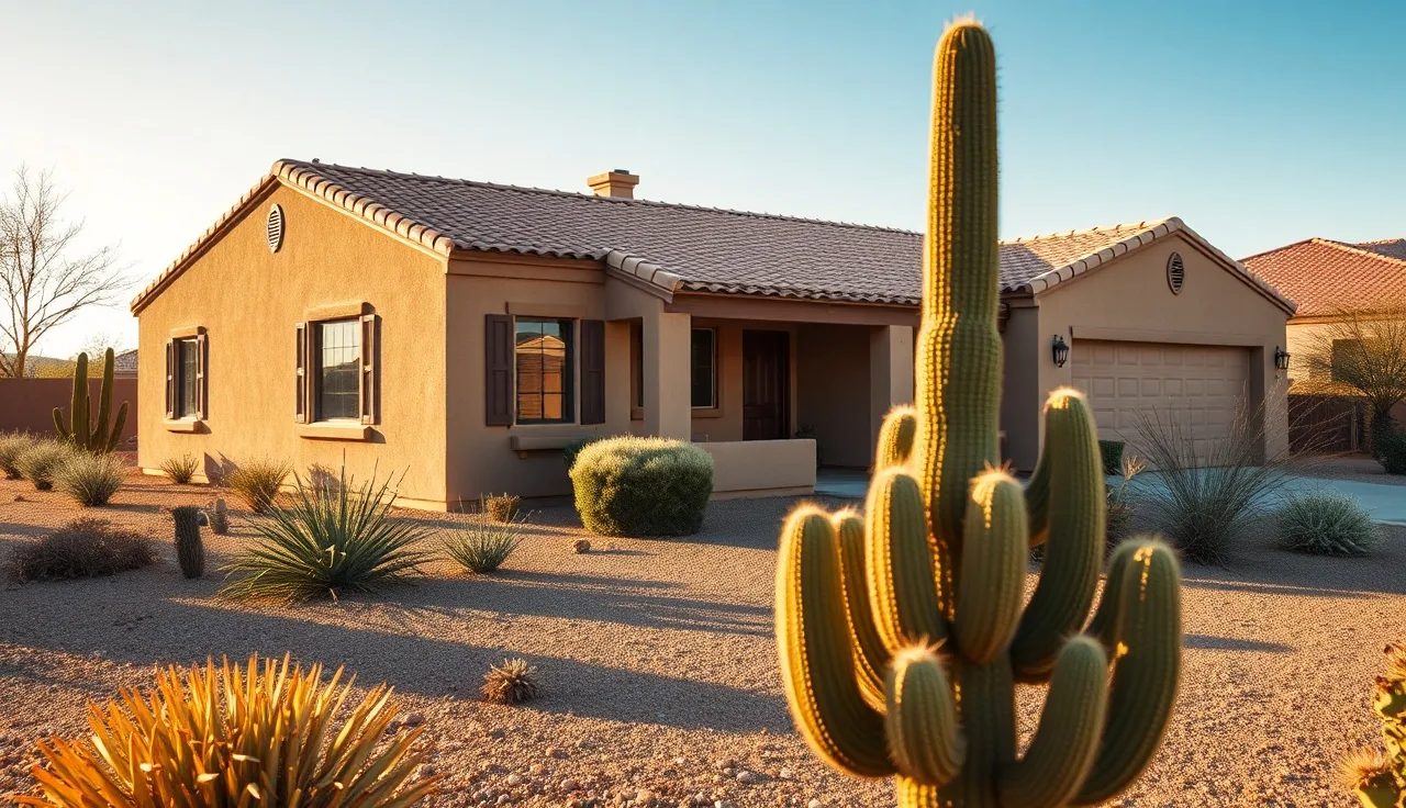 Stucco Arizona home with desert landscaping and saguaro cactus at sunset