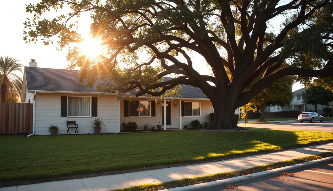 California ranch home with oak tree in afternoon sunlight on quiet residential street