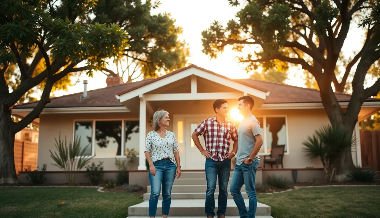 Parent and adult child on porch of California home discussing property transfer