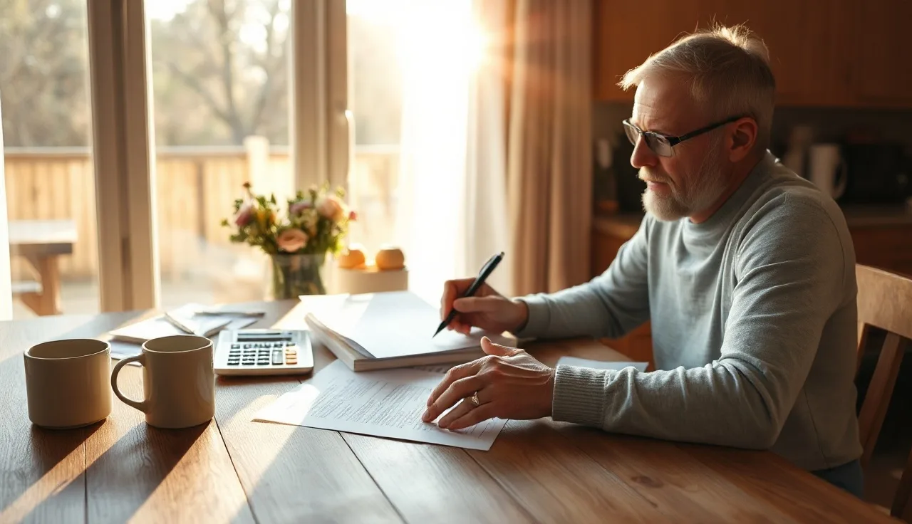 Homeowner reviewing property tax documents at kitchen table with morning light