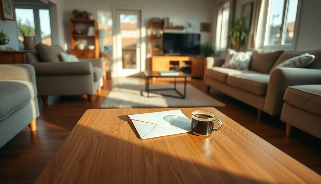 Opened envelope on a wooden table in a sunlit suburban living room