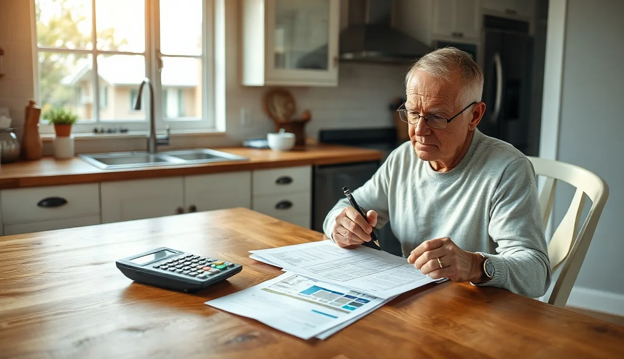 Homeowner at kitchen table reviewing property tax paperwork with a calculator