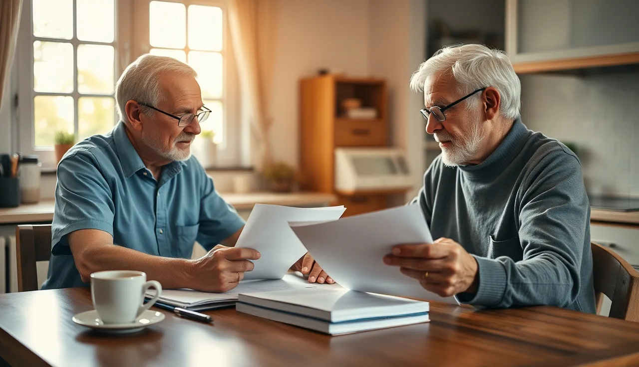 Older homeowners reviewing property tax documents at kitchen table in afternoon light