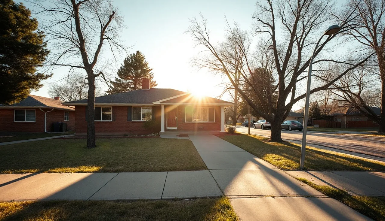 Front porch of a Colorado ranch house with cottonwood trees and afternoon light