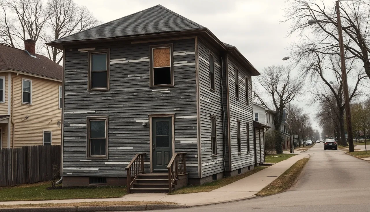 Abandoned condemned house with boarded windows on a quiet residential street
