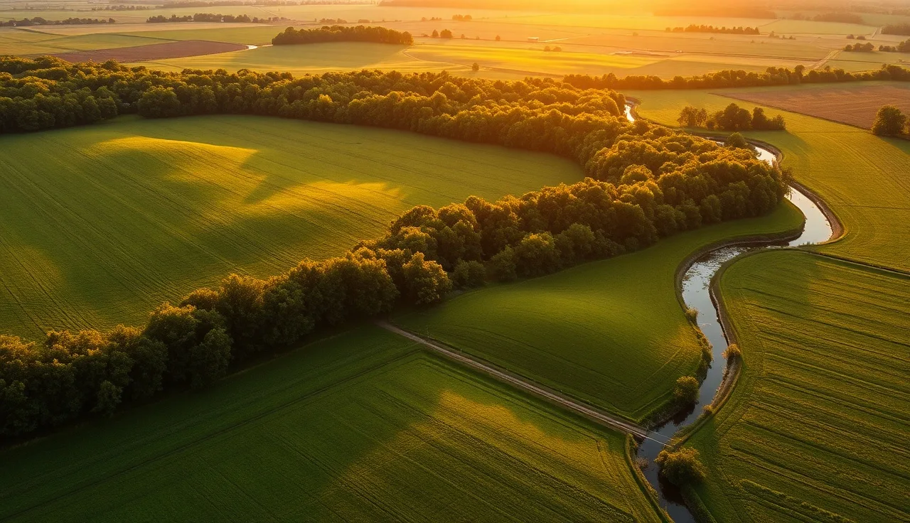 Aerial golden-hour view of conservation farmland with wooded buffer and creek