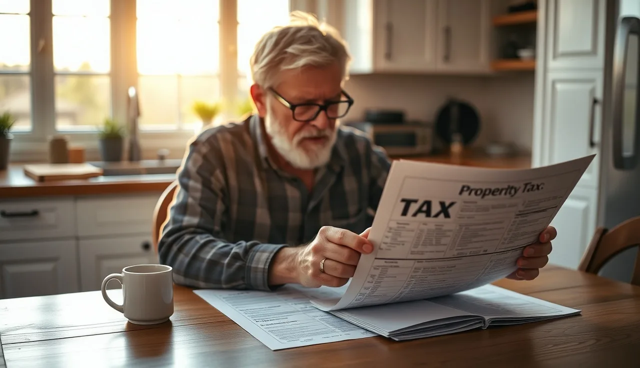 Homeowner reviewing property tax documents at kitchen table seeking COVID relief