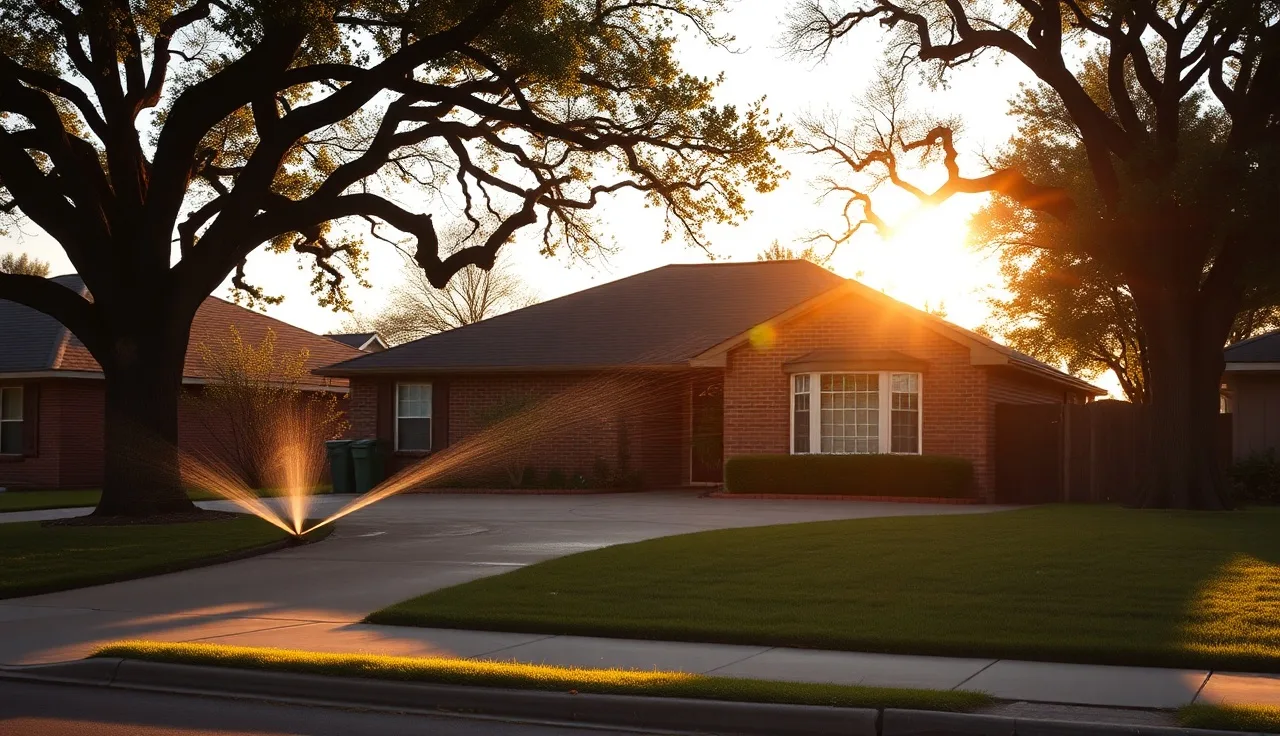 A brick suburban Dallas home with oak trees and a running sprinkler at golden hour