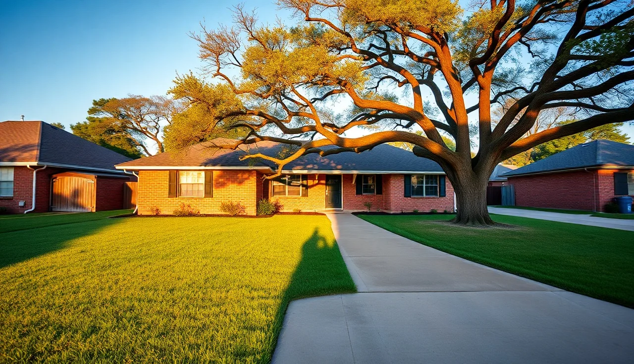 Single-story brick house in a Dallas suburb under afternoon sunlight