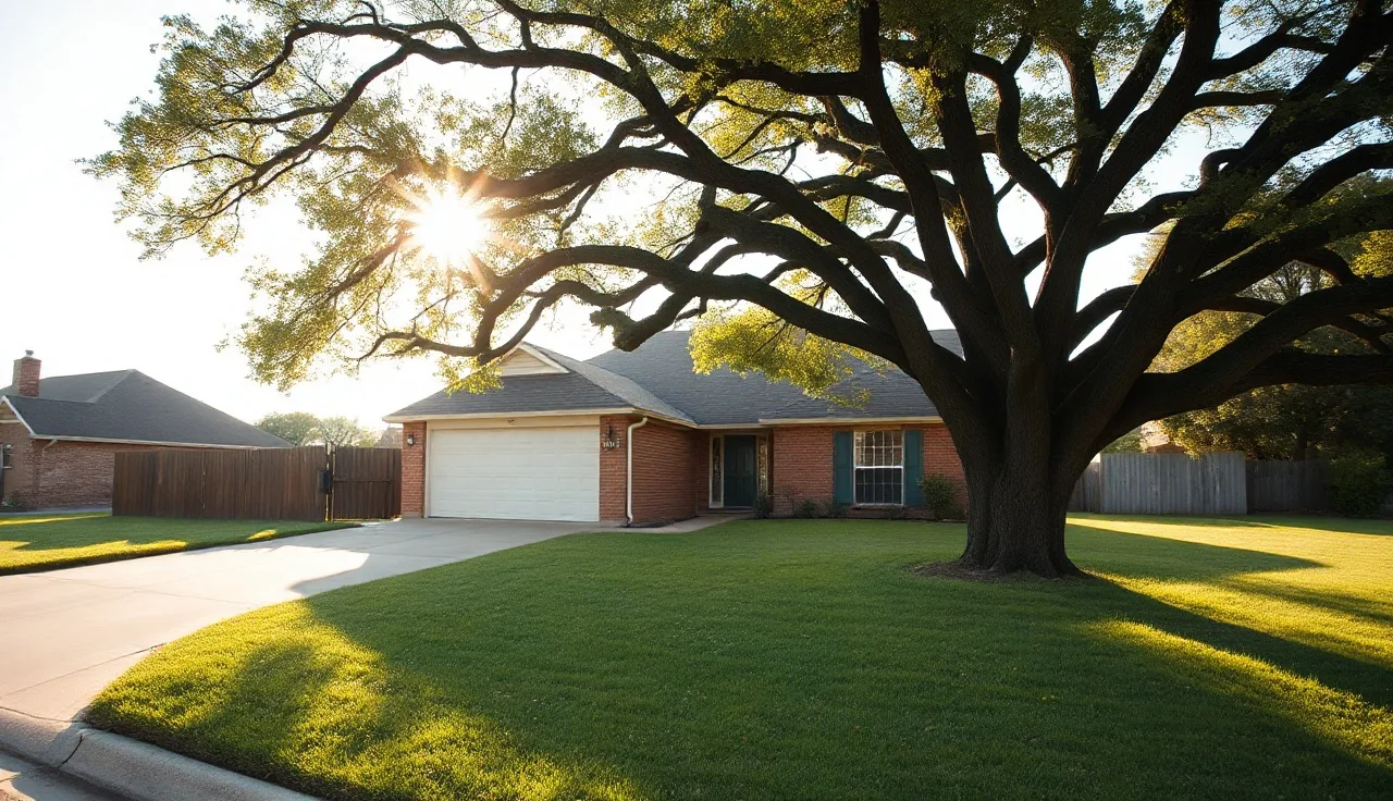 Suburban brick home in Denton County Texas on a clear spring morning