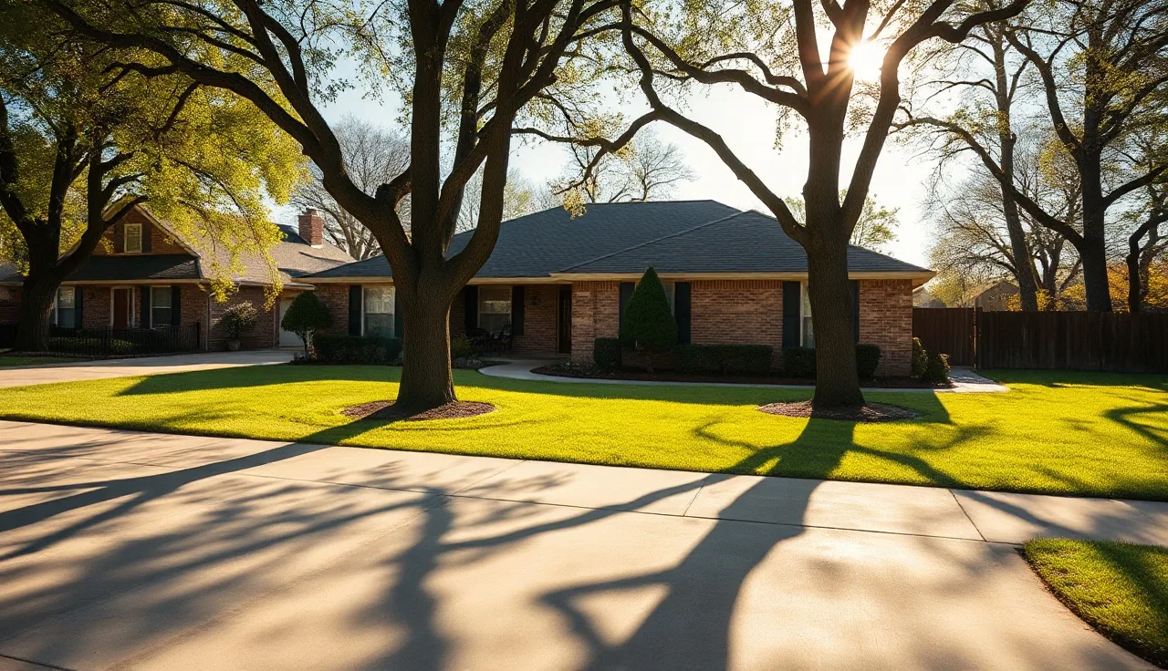 Brick suburban home in Denton County Texas on a clear spring morning