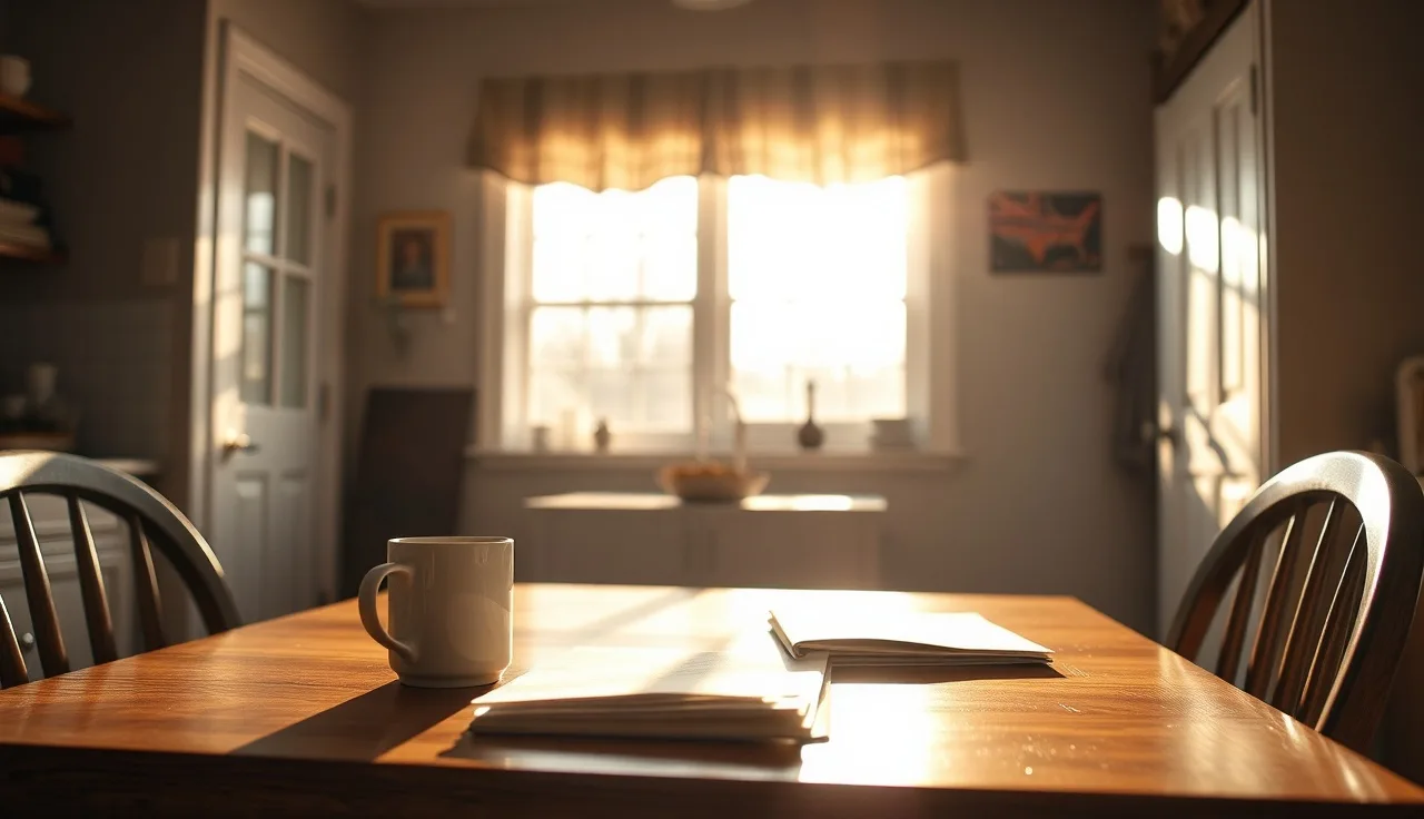 Sunlit kitchen table with papers and a coffee mug, suggesting a homeowner reviewing disability exemption documents