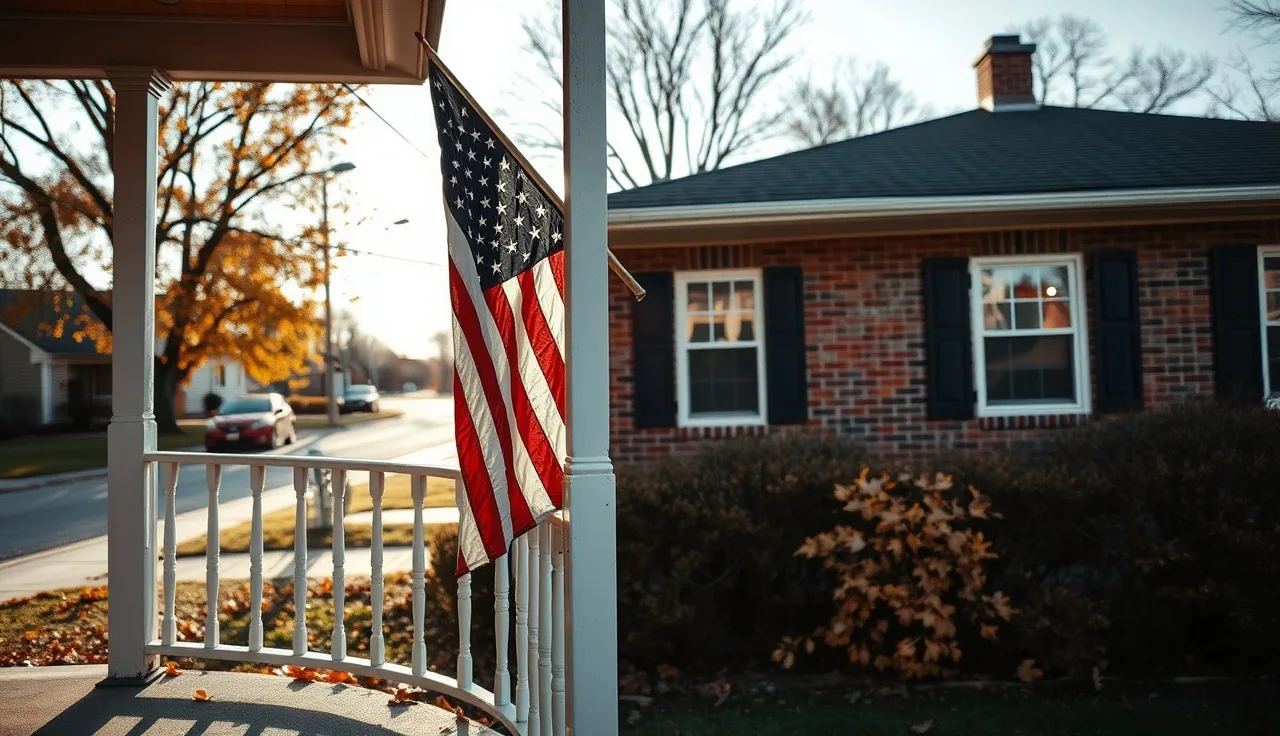 American flag on porch of brick home, symbolizing disabled veteran property tax benefit