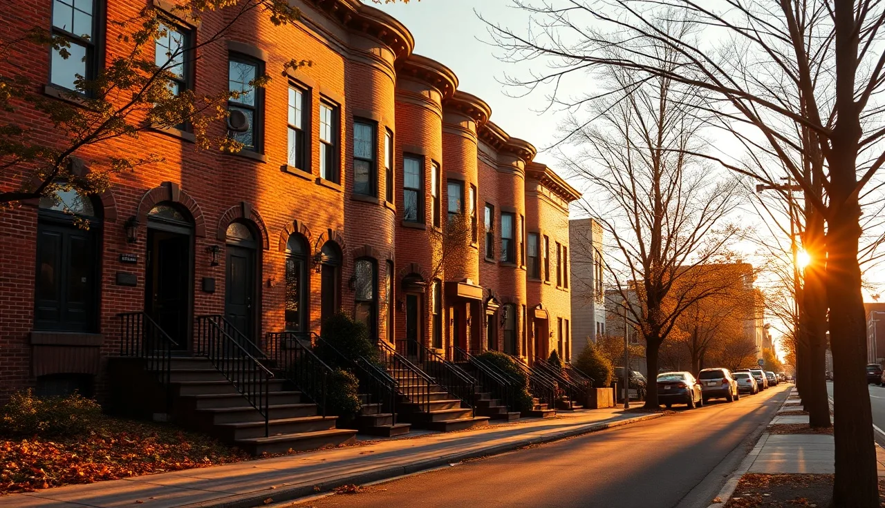 Red-brick Washington DC townhouses on a residential street in autumn afternoon light