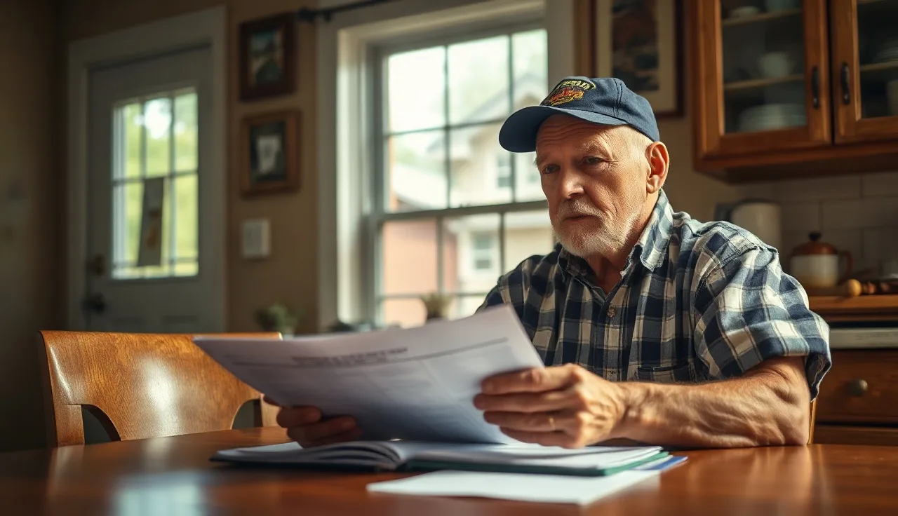 Older veteran reviewing property documents at kitchen table with home visible outside
