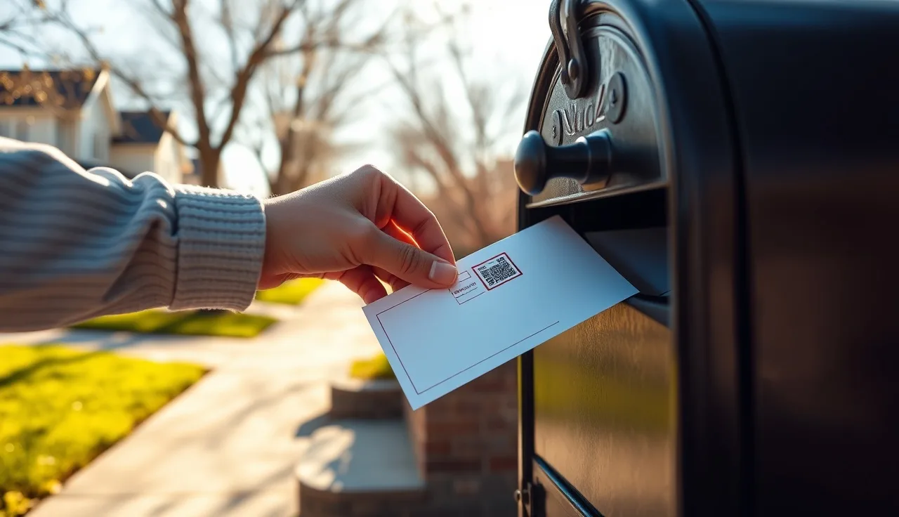 Homeowner mailing a homestead exemption application at a residential mailbox in spring