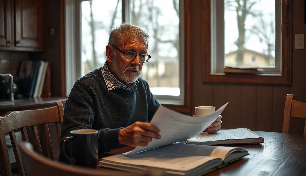 Senior homeowner reviewing property tax documents at kitchen table in winter