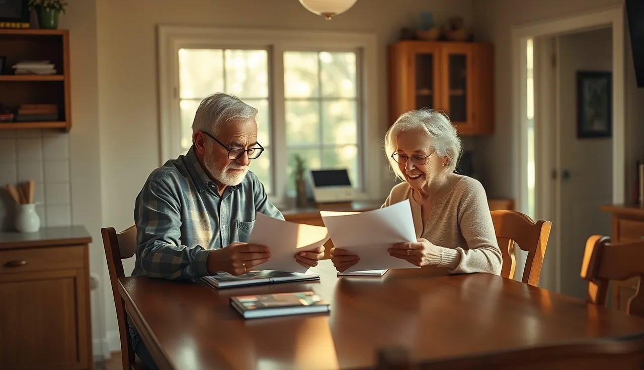 Senior couple reviewing property tax documents at a sunny kitchen table in Texas