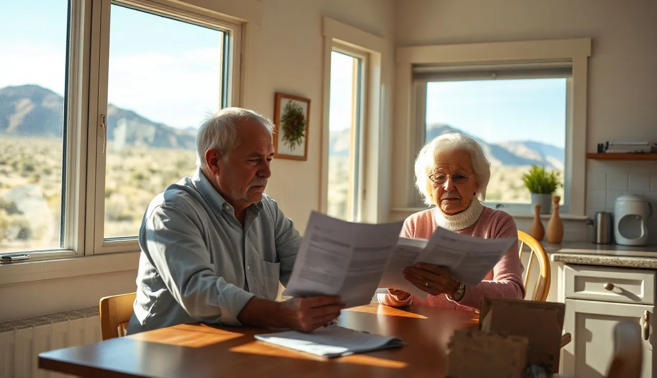 Senior couple reviewing property tax exemption paperwork at a sunlit kitchen table in Nevada