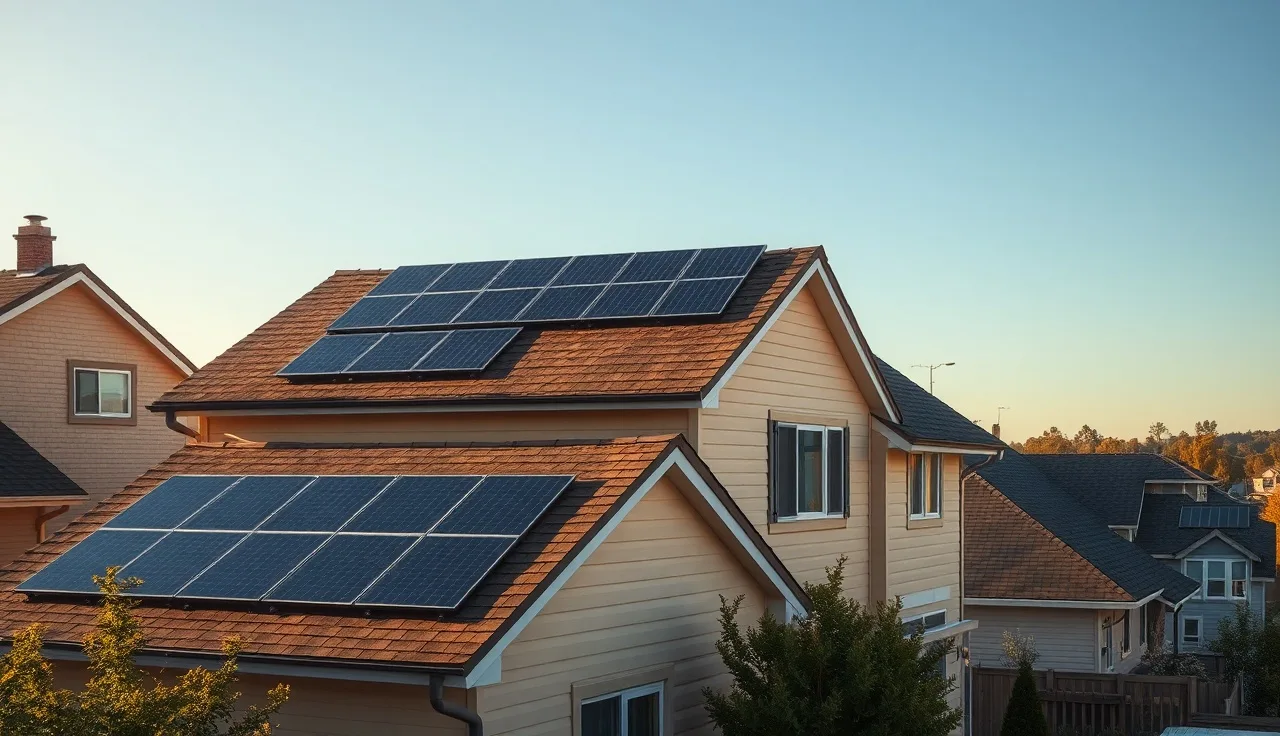 Solar panels on a suburban home roof in afternoon sunlight, energy efficiency upgrade