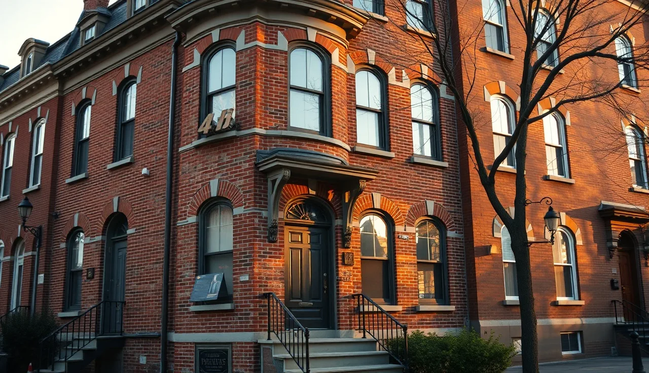 Historic brick rowhouse facade with ornate cornice and arched windows at golden hour