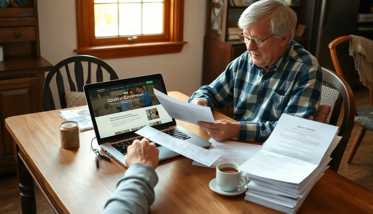 Homeowner reviewing homestead exemption documents at kitchen table with laptop